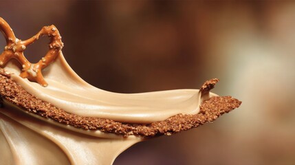 Obraz premium Thick and Creamy Peanut Butter Swirl Artfully Embracing a Cookie Crust on a Soft Brown Background for Culinary Imagery and Food Photography