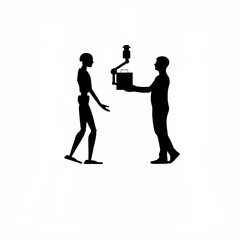 Silhouette of a robot assisting a human in a factory on white background