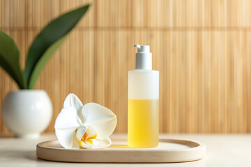 Minimalist frosted oil bottle with orchid on spa tray, AI-generated