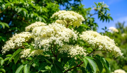 Many delicate white flowers and green blurred leaves of the Sambucus tree, known as elder or elderberry in a sunny spring garden, beautiful outdoor floral background.