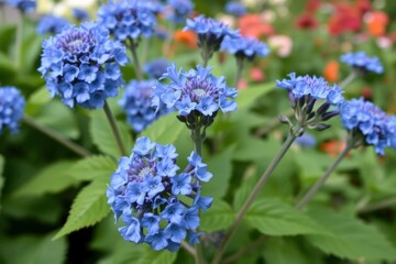 Fototapeta premium Clusters of small blue flowers bloom with green leaves and soft focus hinting at a lush garden setting