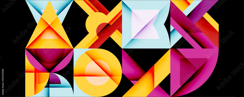 Poster Abstract geometric composition. Colorful shapes overlap, creating dynamic visual texture. Bright hues dominate dark background.