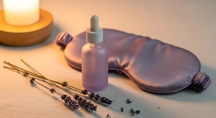 Lavender dropper bottle with silk sleep mask and dried flowers for feminine night self-care scene