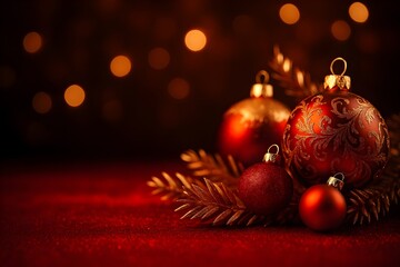 Elegant Red and Gold Christmas Ornaments on a Festive Background with Bokeh Lights