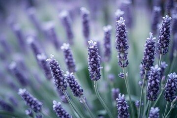 Obraz premium A field of vibrant lavender flowers with some in sharp focus and others softly blurred in the background