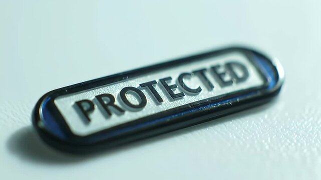 PROTECTED" metal emblem on textured white surface, focus foreground