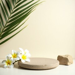 Minimalist product display with plumeria and stone