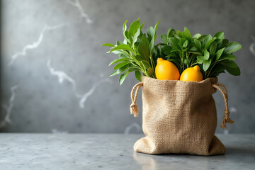Jute bag with fresh lemons on polished granite counter, AI-generated