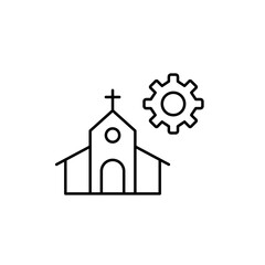Church and cogwheel. Management, religious organization settings, community administration, faith-based system control, facility maintenance. Pixel perfect, editable stroke vector icon
