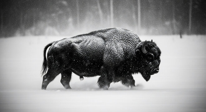 Snowdusted buffalo trudges through a storm - Powered by Adobe