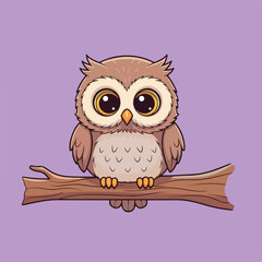 A cute cartoon owl with large eyes sits on a branch.