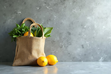 Rustic jute bag with lemons and greens on gray granite,E.shop. AI-generated