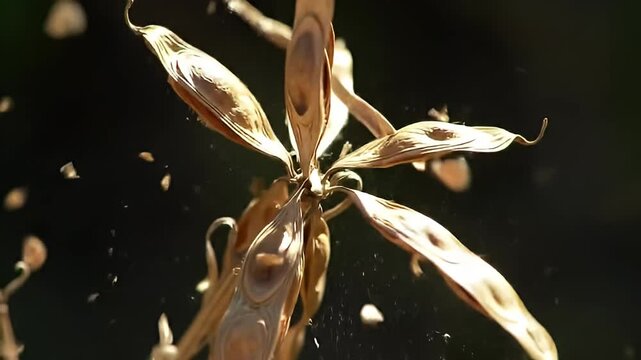 Exploding seed pod with dispersed seeds against dark, blurred backdrop
