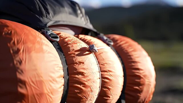 Orange camping gear is strapped to a backpack, outdoors, in daylight