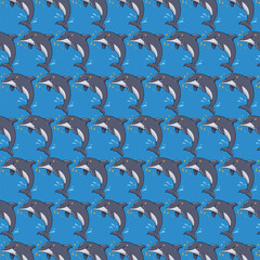 A repeating pattern of cute cartoon dolphins jumping in the ocean.