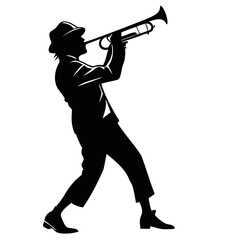 Silhouette of a man wearing a hat and suit playing a trumpet with a white background image on transparent background © QuickDesign24