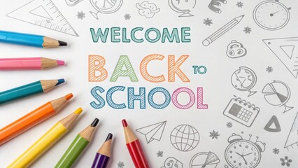Colorful Pencils and School Supplies Flat Lay Welcome Back to School Message colored