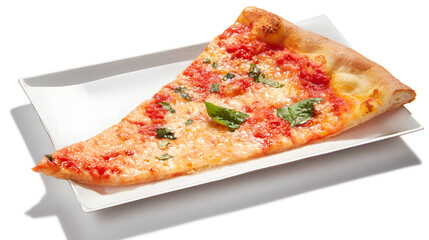 Large Thin Slice of New York Style Pizza on a White Plate with Fresh Basil Leaves and Cheese
