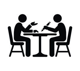Writer or Student Icon, Black and White Symbol of a Person Focused on a Task at a Desk On White Background
