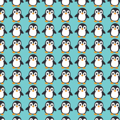 A repeating pattern of cute cartoon penguins on a light teal background.