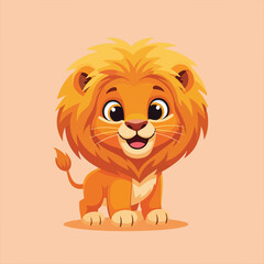 An adorable cartoon lion cub with a fluffy mane smiles playfully.