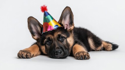 Adorable German Shepherd puppy wearing a colorful party hat, lying down on white background. (1)