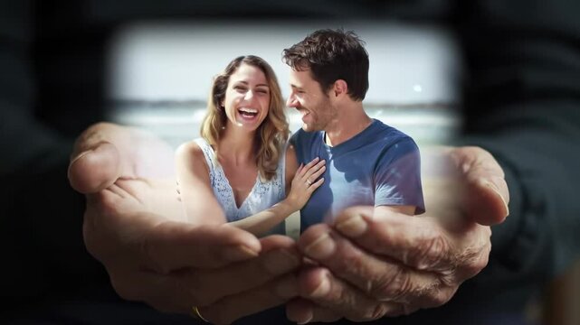 Close-up of elderly hands holding a glowing holographic image of a young couple &mdash; a fusion of memory and futuristic technology