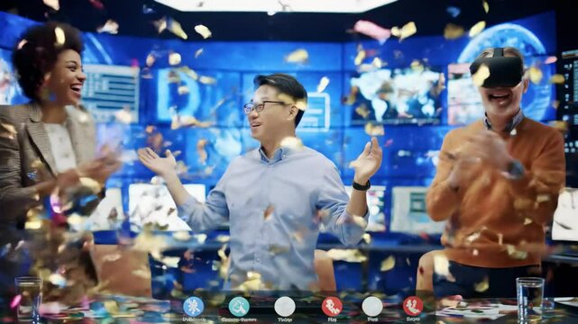 Diverse team celebrating success with confetti in a futuristic office, clapping and cheering as one member wears smart vision glasses