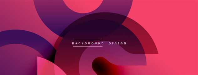 Abstract geometric shapes overlap, creating vibrant pink, purple gradients. Modern design elements suggest dynamic visual experience.