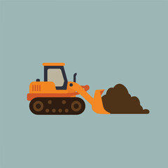 A simple illustration of an orange bulldozer moving brown earth.
