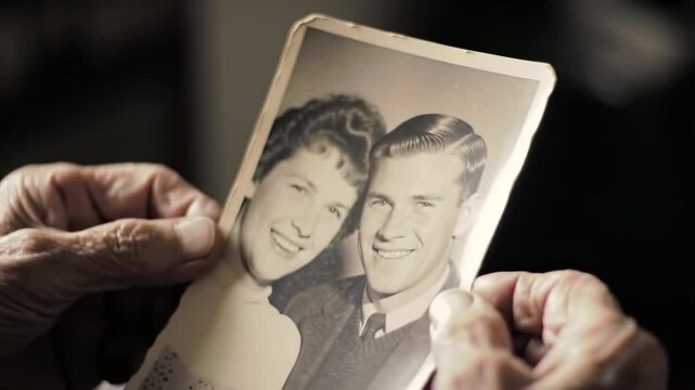 Close-up of elderly hands holding a black-and-white photo of a happy couple, evoking memories and timeless love
