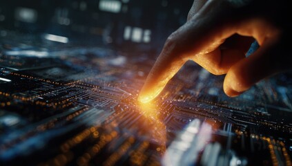 A hand touches a glowing circuit board