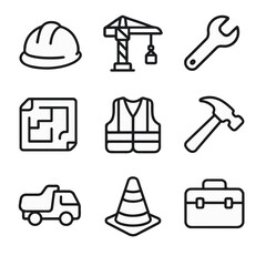 Nine black and white line icons related to construction and engineering.