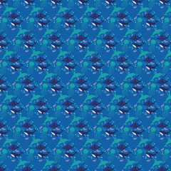 A vibrant, repeating pattern of ocean creatures including dolphins, whales, jellyfish, and stingrays on a blue background.