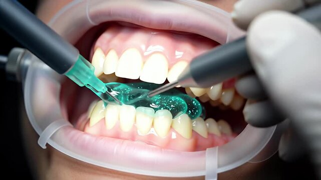 Patient receiving dental treatment, bright turquoise gel applied to teeth