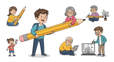 Giant Pencil Illustration Family Learning and Creativity