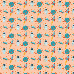 A repeating pattern of cute space-themed illustrations including astronauts, planets, rockets, and UFOs.