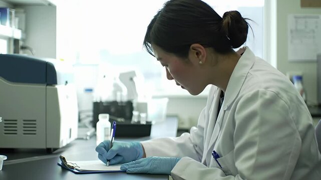 Scientist writing in lab