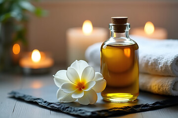 Spa setup with frosted serum, magnolia bloom, and linen towels, AI-generated