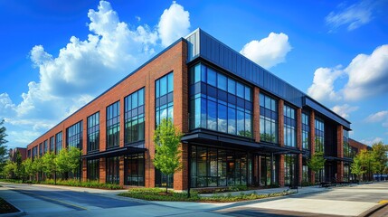 Fototapeta premium Modern industrial building with blue accents, sleek architecture, and contemporary design for urban business and real estate imagery.