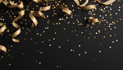Gold confetti and streamers on black background