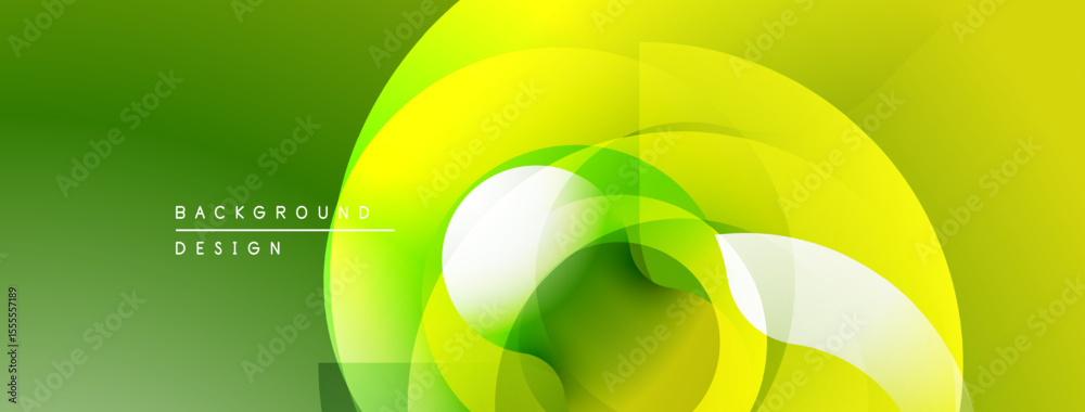 Poster Abstract design features overlapping translucent layers. Green, yellow hues create dynamic visual effect. Modern, minimalist composition.