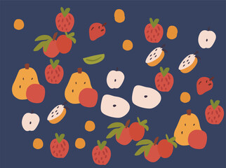 Seamless pattern featuring cute flat-style illustrations of tropical fruits like guava, strawberry, pear, and dragon fruit. Colorful and playful design in both light and dark backgrounds,898989898