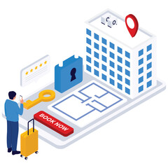 Booking Isometric Illustration. Vector illustration of Man books a secured apartment or room using an online floor plan and security-verified system. Isolated on background