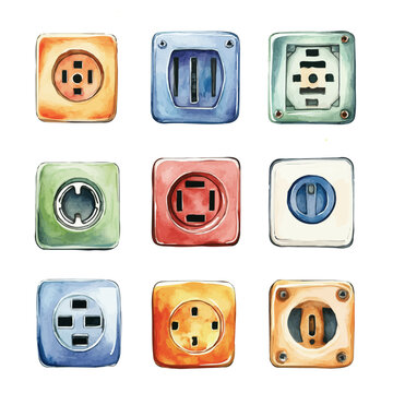 watercolor vector of Electrical Outlets And Sockets, isolated on a white background.