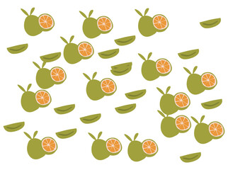 Seamless pattern featuring cute flat-style illustrations of tropical fruits like guava, strawberry, pear, and dragon fruit. Colorful and playful design in both light and dark backgrounds,665555555