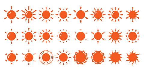Yellow sun icons.  Shine sun ray set. Collection of sun stars for use in as logo or weather icon. solar isolated icon, sunshine, sunset collection, summer, sunlight. Vector illustration.