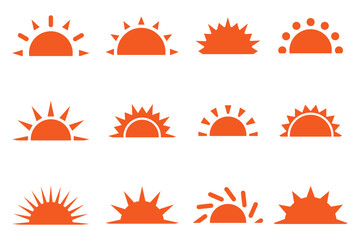 Yellow sun icons.  Shine sun ray set. Collection of sun stars for use in as logo or weather icon. solar isolated icon, sunshine, sunset collection, summer, sunlight. Vector illustration.