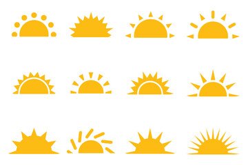 Sun icon set. Sunset icon collection. Yellow sun star icons. Sunset icon collection. Yellow sun star icons. sunshine and solar glow, sunrise or sunset. Abstract sunlight solar symbol. 