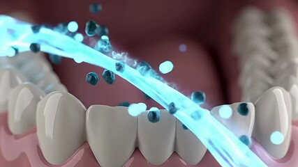 Animation of clean teeth receiving a blue stream, with floating particles